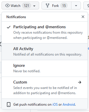 A screenshot of the Watch settings in the top-right of the GitHub Events repo.